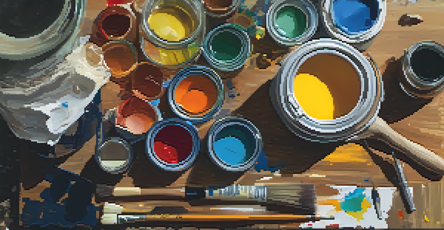 An overhead view of a painter's workspace featuring paint tubes, a color palette, and a brush beside a jar of water on a wooden table.