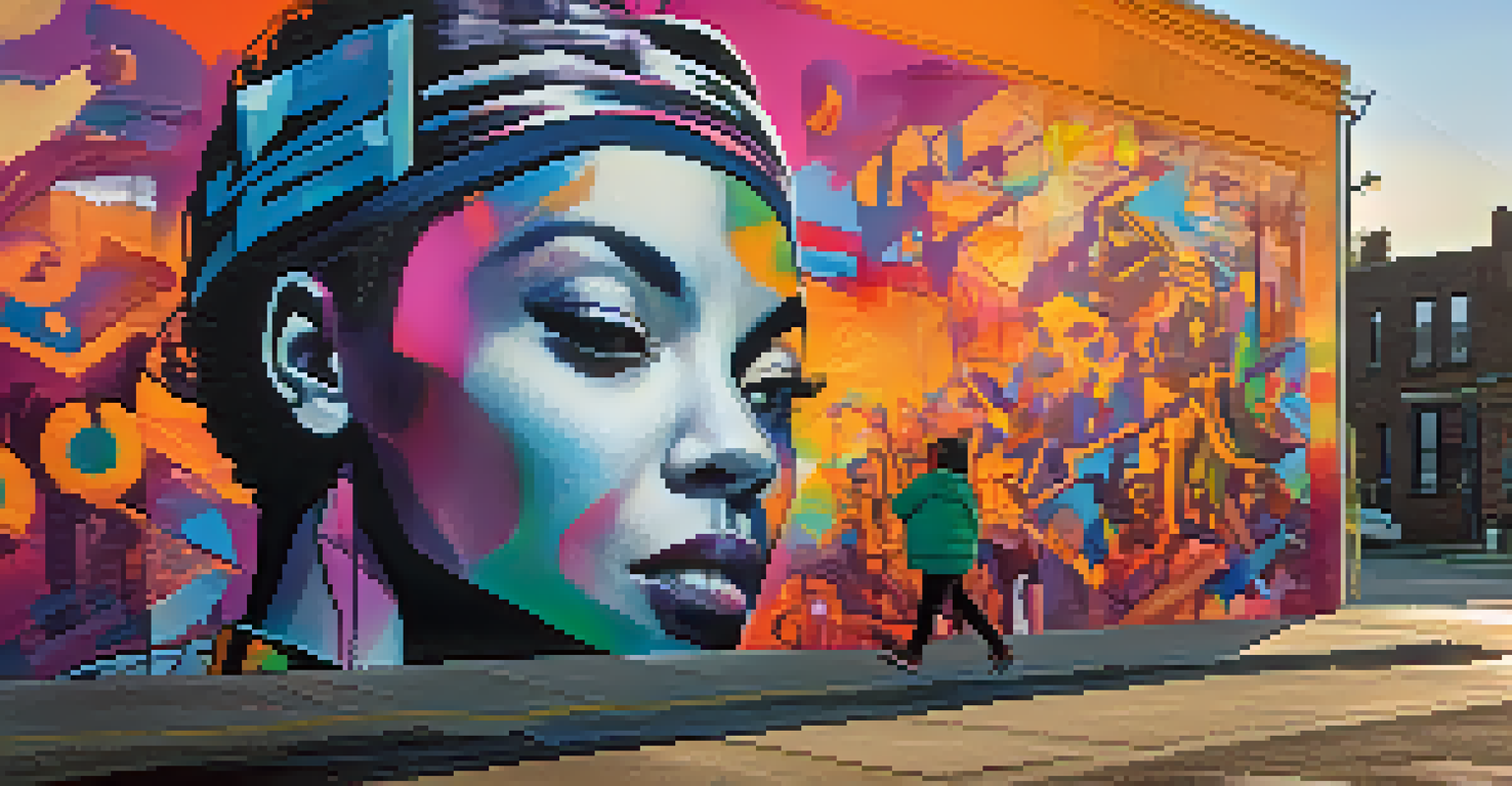 An urban mural with abstract shapes and a figure symbolizing hope, illuminated by sunset.