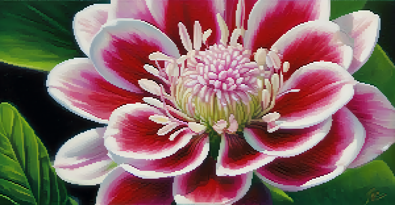 A close-up view of a blooming flower with intricate petals and vibrant colors, set against a blurred green background.
