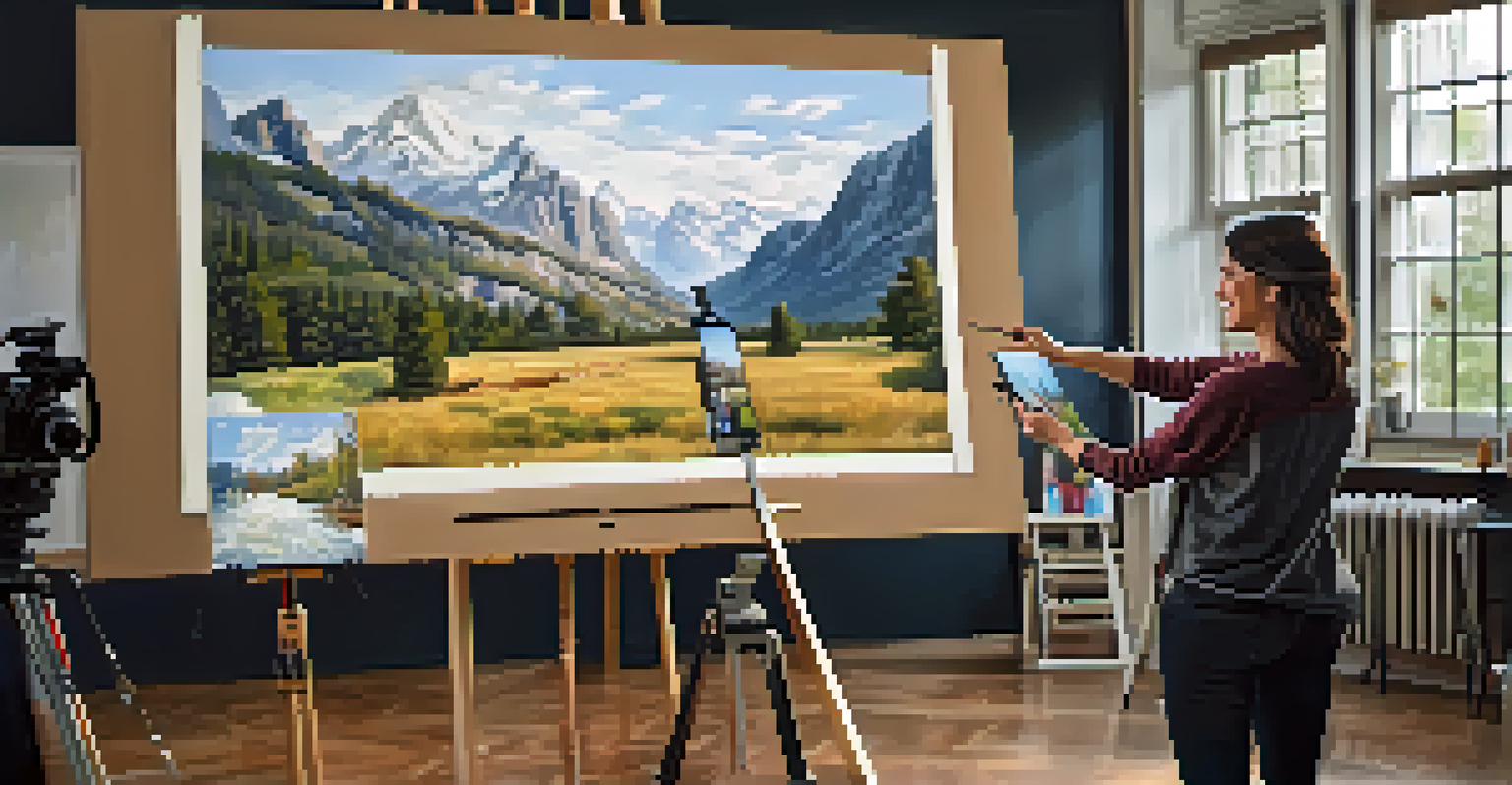 An artist hosting a live painting session, interacting with viewers while painting a landscape.