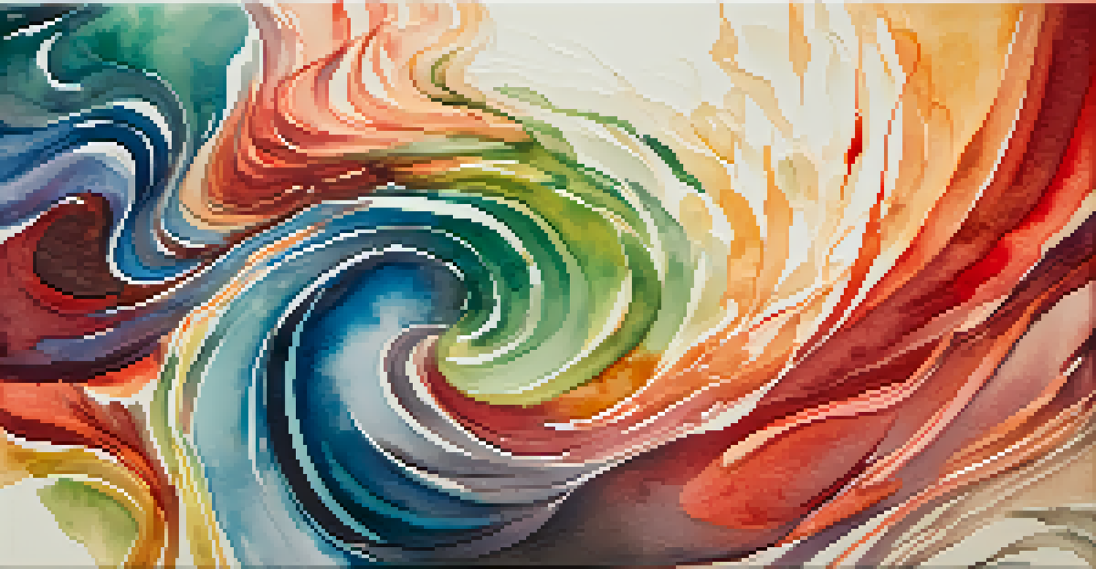 An abstract watercolor painting with swirling patterns and a blend of warm and cool colors.