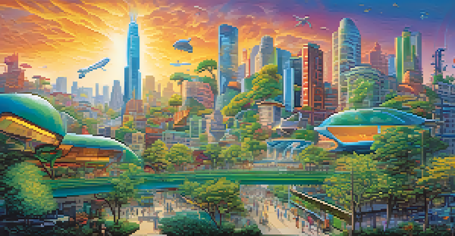 A mural depicting a futuristic city where nature and technology coexist harmoniously, with bright colors and vivid details.