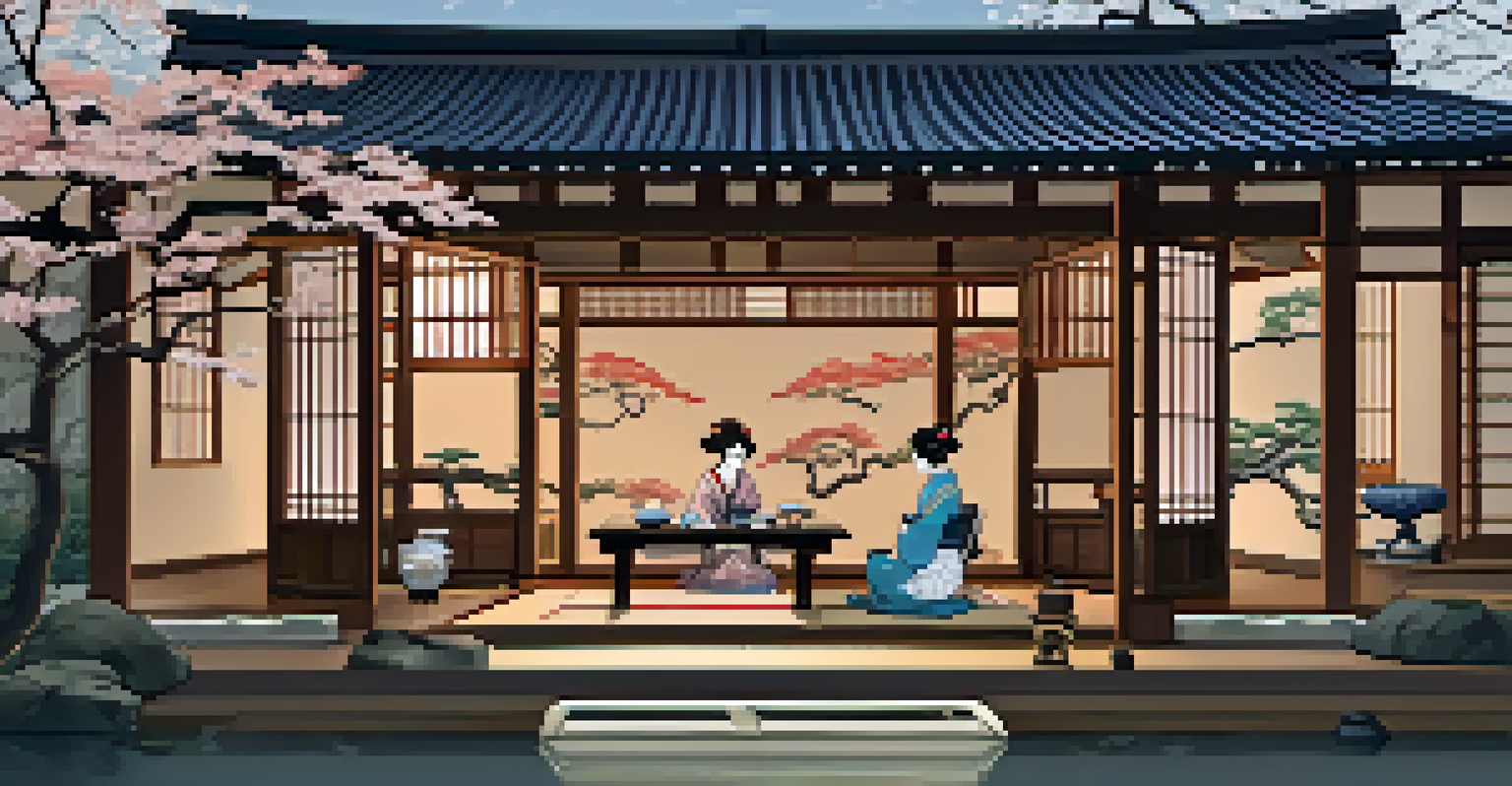 An elegant teahouse scene from the Edo period, with women in kimono enjoying tea, surrounded by a serene garden and warm, inviting lighting.