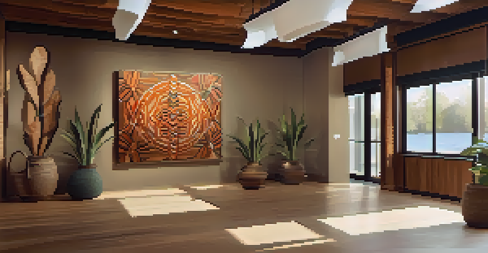 A colorful Indigenous artwork showcasing natural themes, displayed in a bright gallery with wooden frames and earthy wall colors.