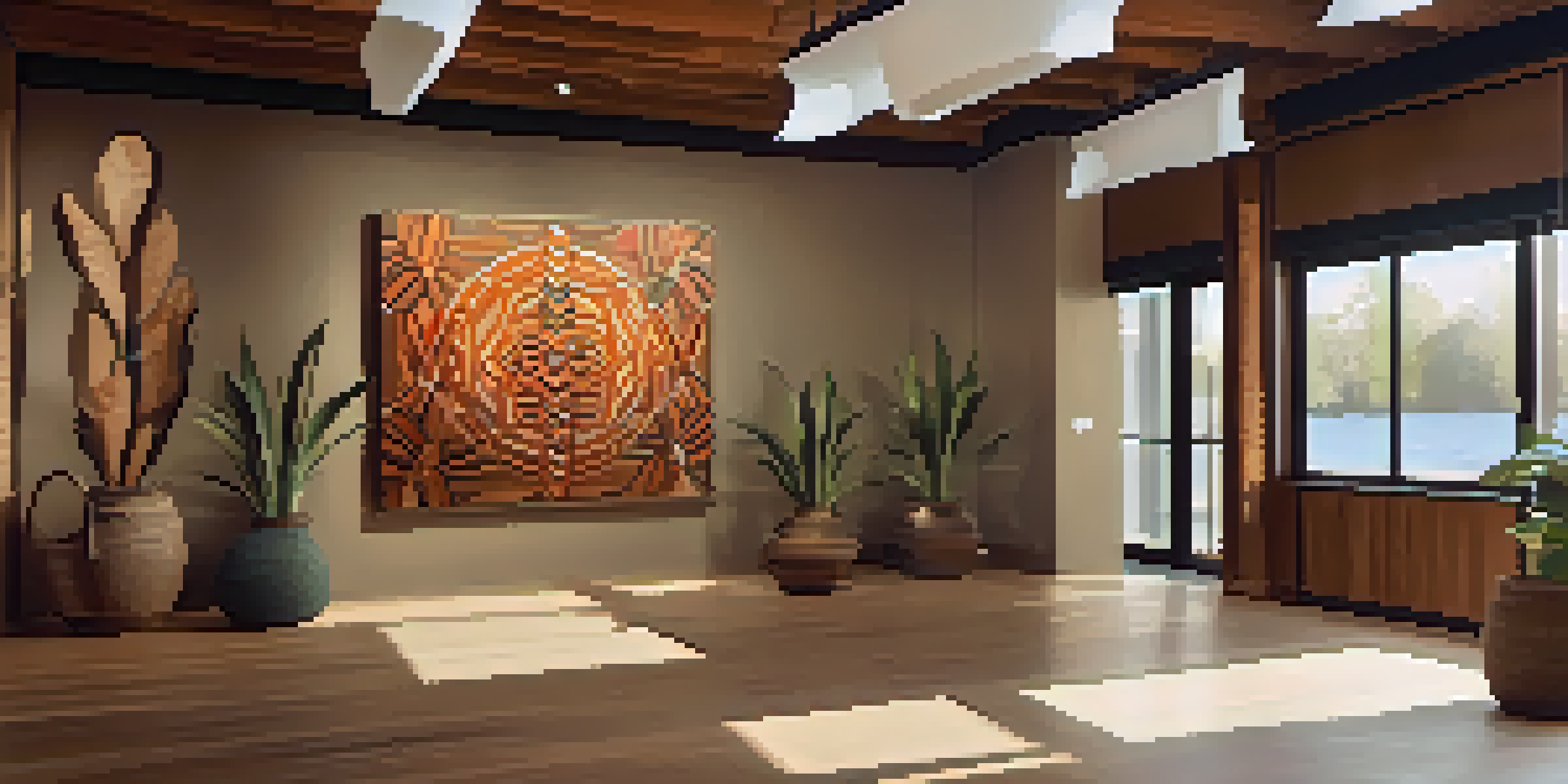 A colorful Indigenous artwork showcasing natural themes, displayed in a bright gallery with wooden frames and earthy wall colors.