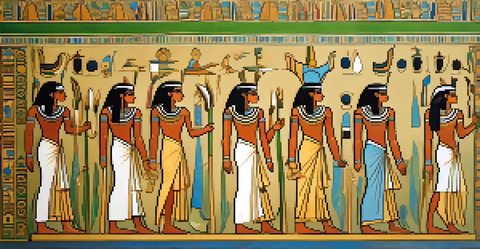 An ancient Egyptian mural illustrating a religious ceremony with detailed figures and symbolic colors, bathed in warm light.