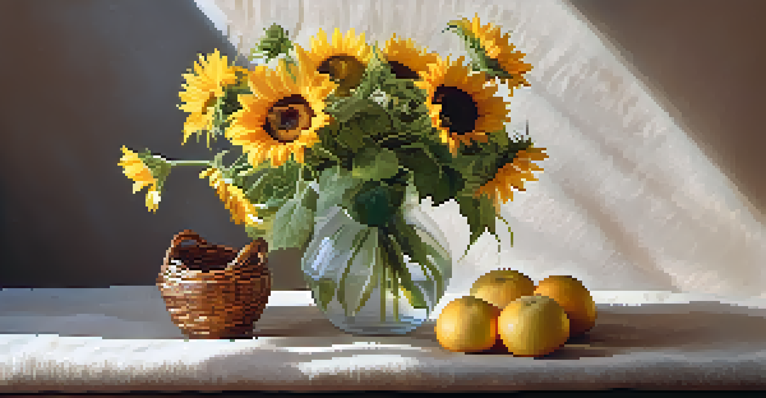 A vase filled with sunflowers and daisies on a linen cloth, illuminated by warm sunlight.