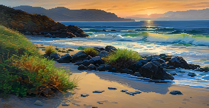 A peaceful coastal landscape at sunset, showcasing a vibrant sky with warm colors and a calm ocean.