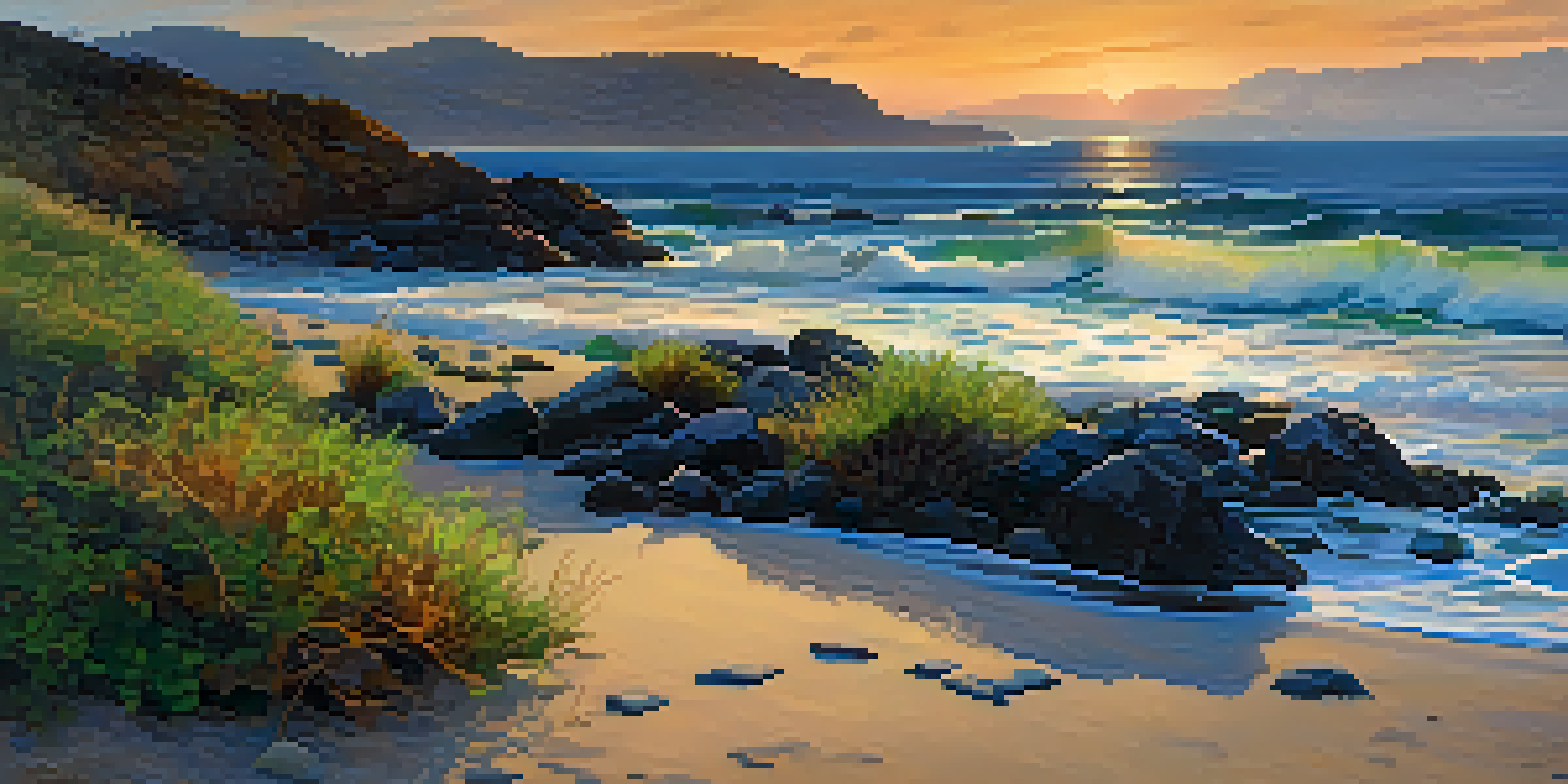 A peaceful coastal landscape at sunset, showcasing a vibrant sky with warm colors and a calm ocean.