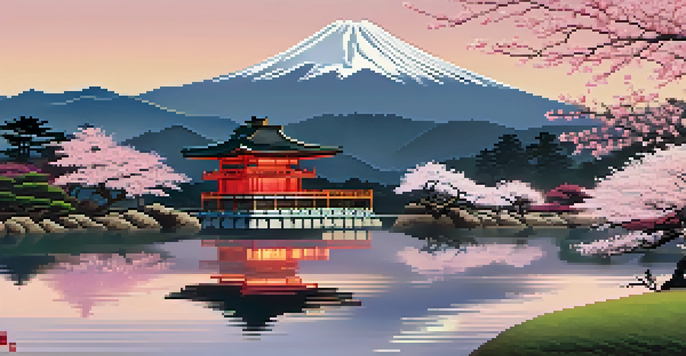 A tranquil Japanese landscape with cherry blossoms and a traditional pagoda, reflecting Ukiyo-e woodblock printing techniques.
