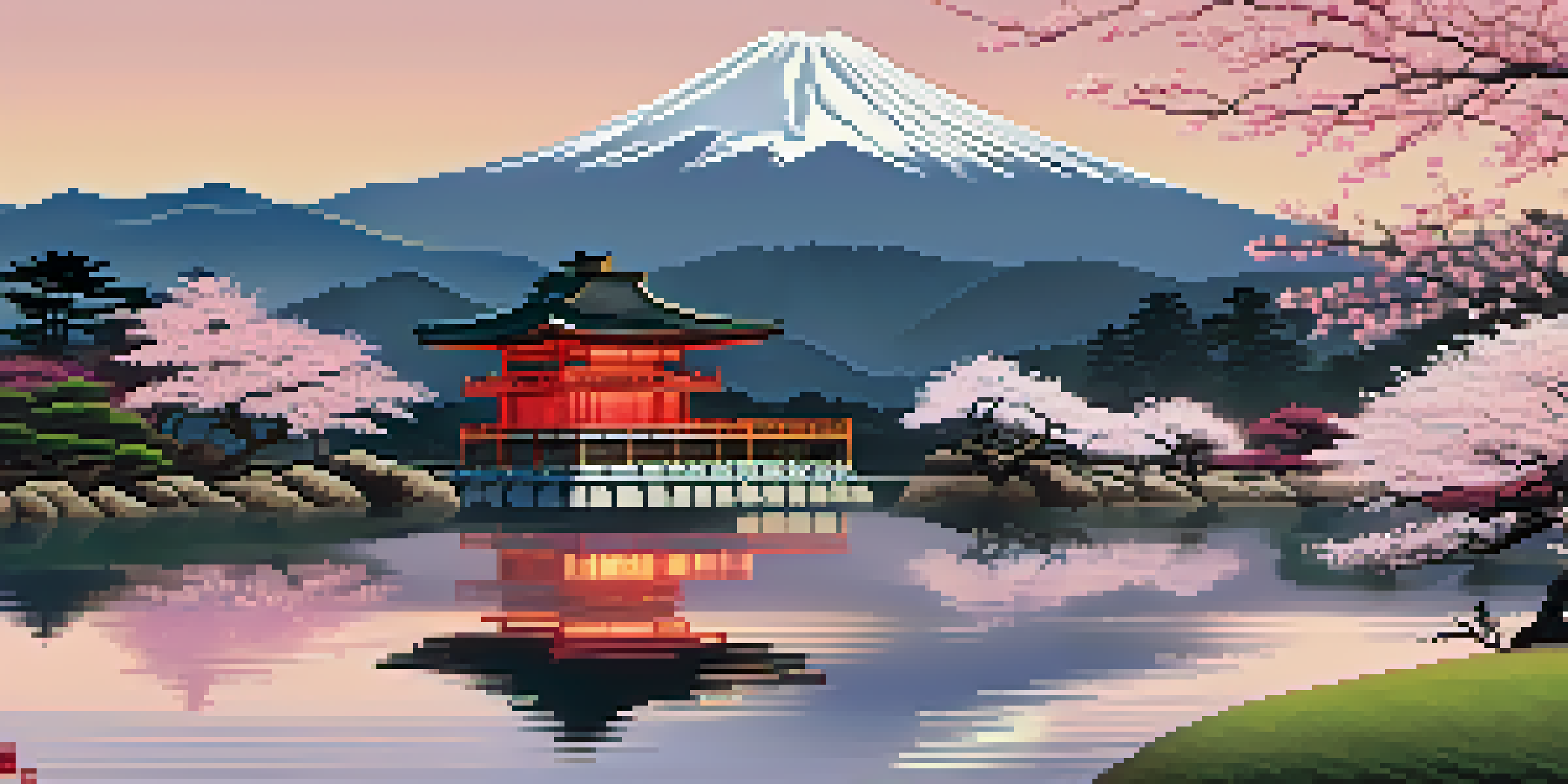 A tranquil Japanese landscape with cherry blossoms and a traditional pagoda, reflecting Ukiyo-e woodblock printing techniques.