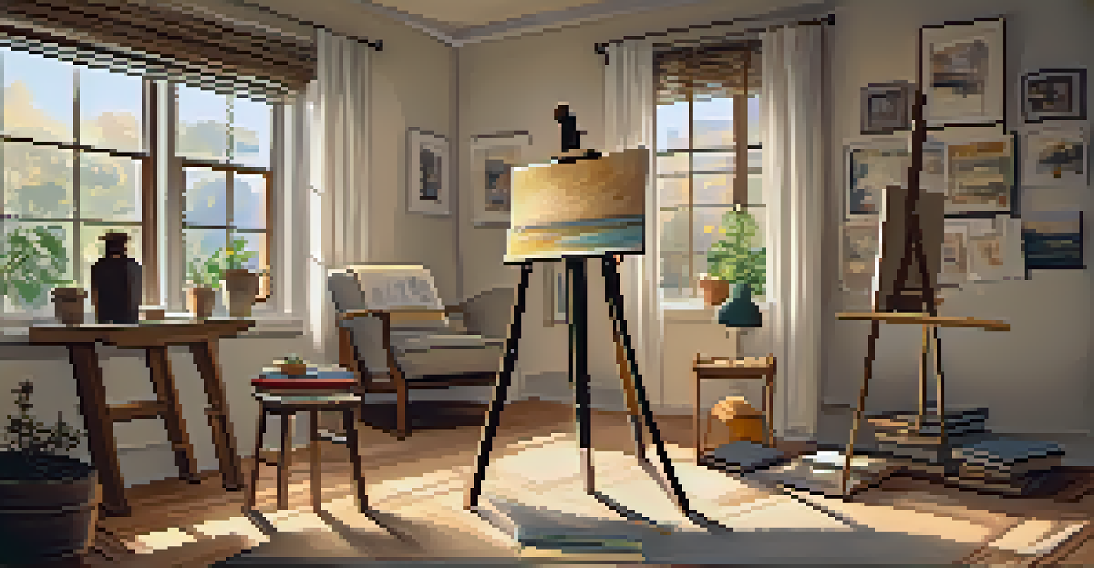 A cozy living room corner with an easel, an unfinished painting, an open art journal, and a cup of tea.