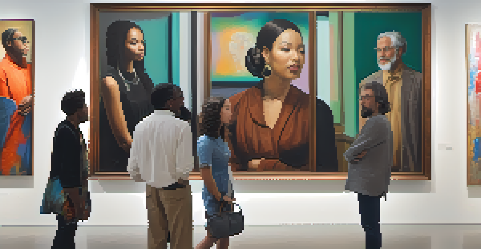 A diverse group of art critics discussing contemporary art in a gallery, with colorful artworks displayed on the walls.