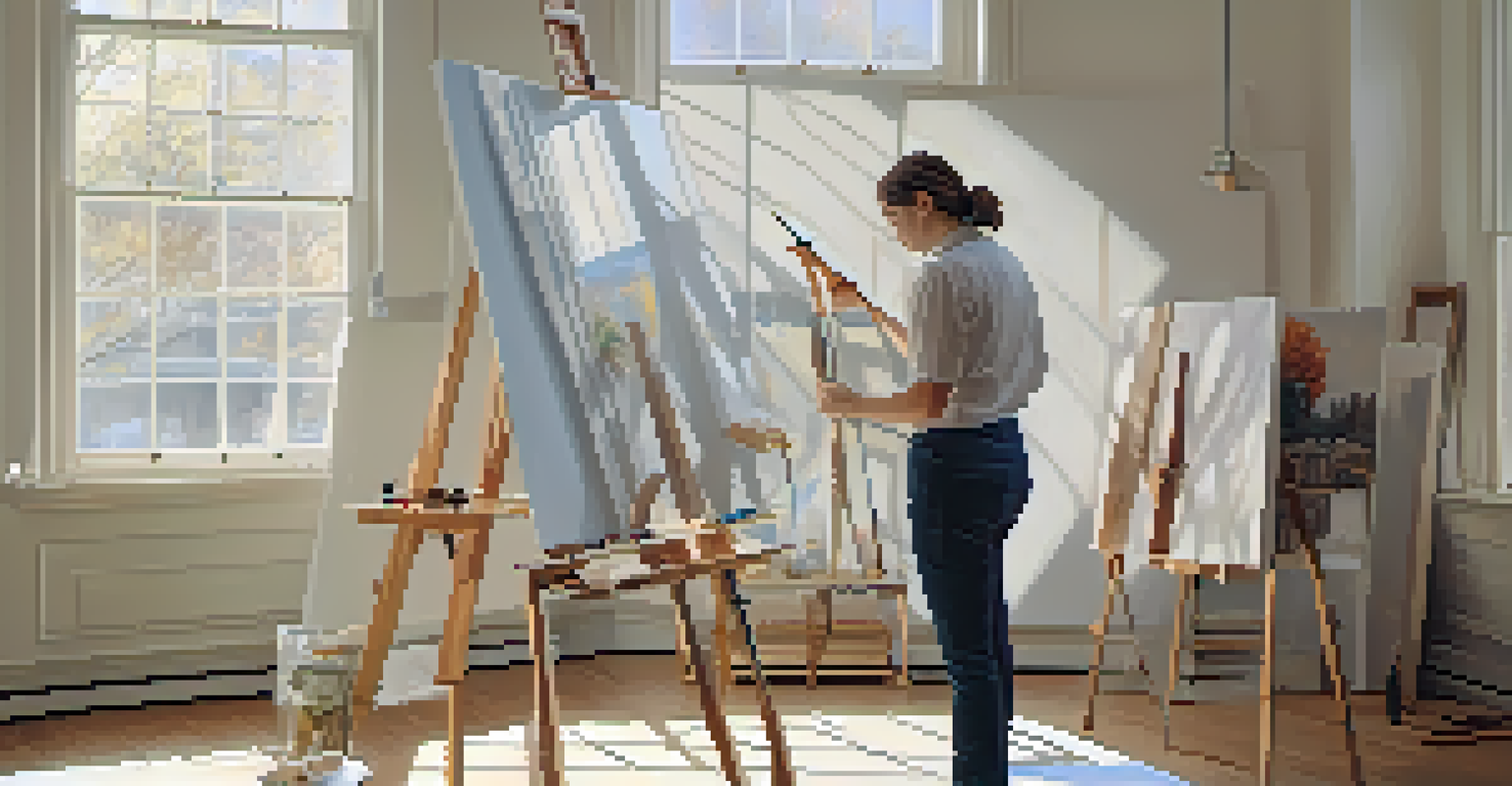 An artist inspecting a white gessoed canvas in a well-lit studio with artistic tools around.