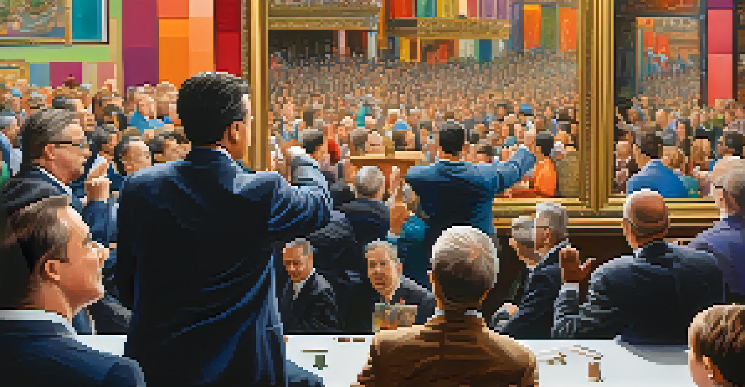 A detailed close-up of a colorful artwork at an auction with an auctioneer raising a hand and blurred bidders in the background.