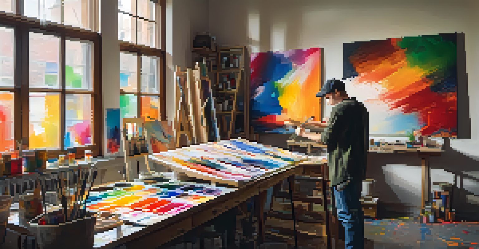 An artist in a colorful studio creating a large canvas reflecting cultural themes.