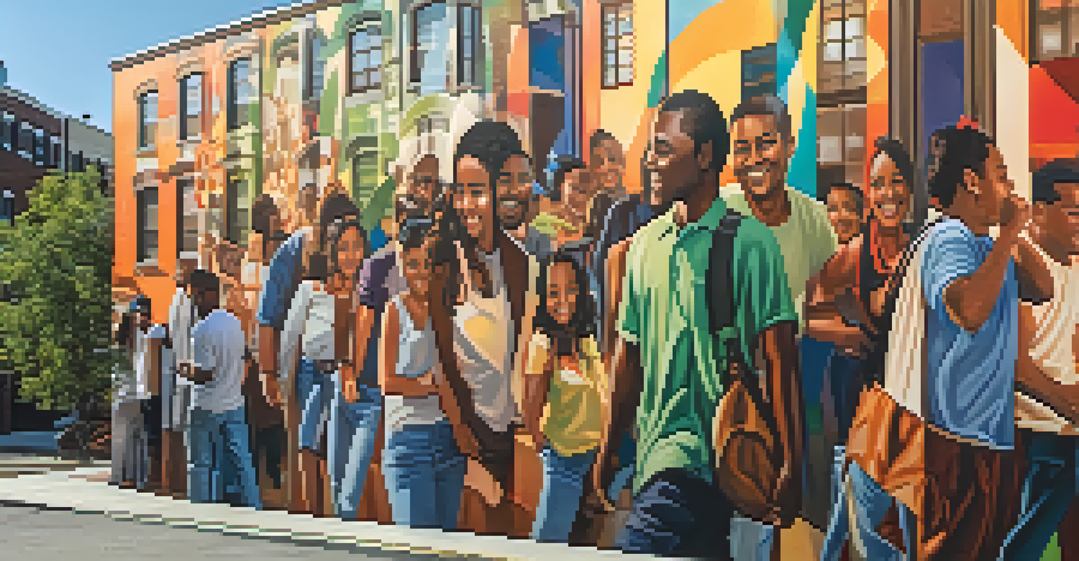 A colorful outdoor mural illustrating a lively city scene with people and cultural elements.