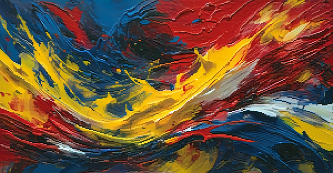 An abstract expressionist painting with bold colors and dynamic brushstrokes, creating an energetic composition.