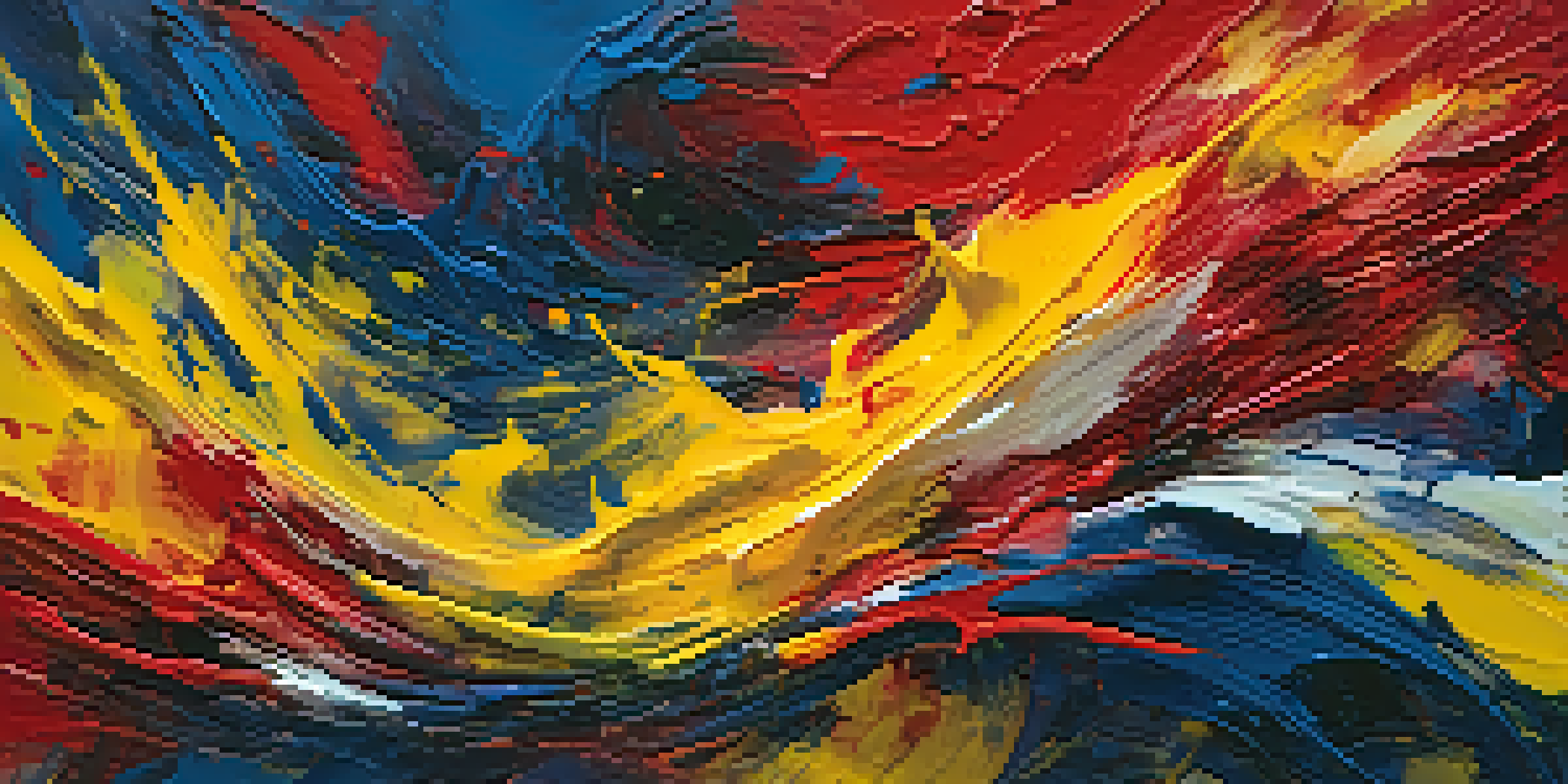 An abstract expressionist painting with bold colors and dynamic brushstrokes, creating an energetic composition.
