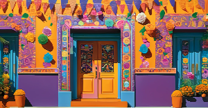 A colorful mural celebrating Día de los Muertos, showcasing sugar skulls and marigold flowers with vibrant papel picado banners.
