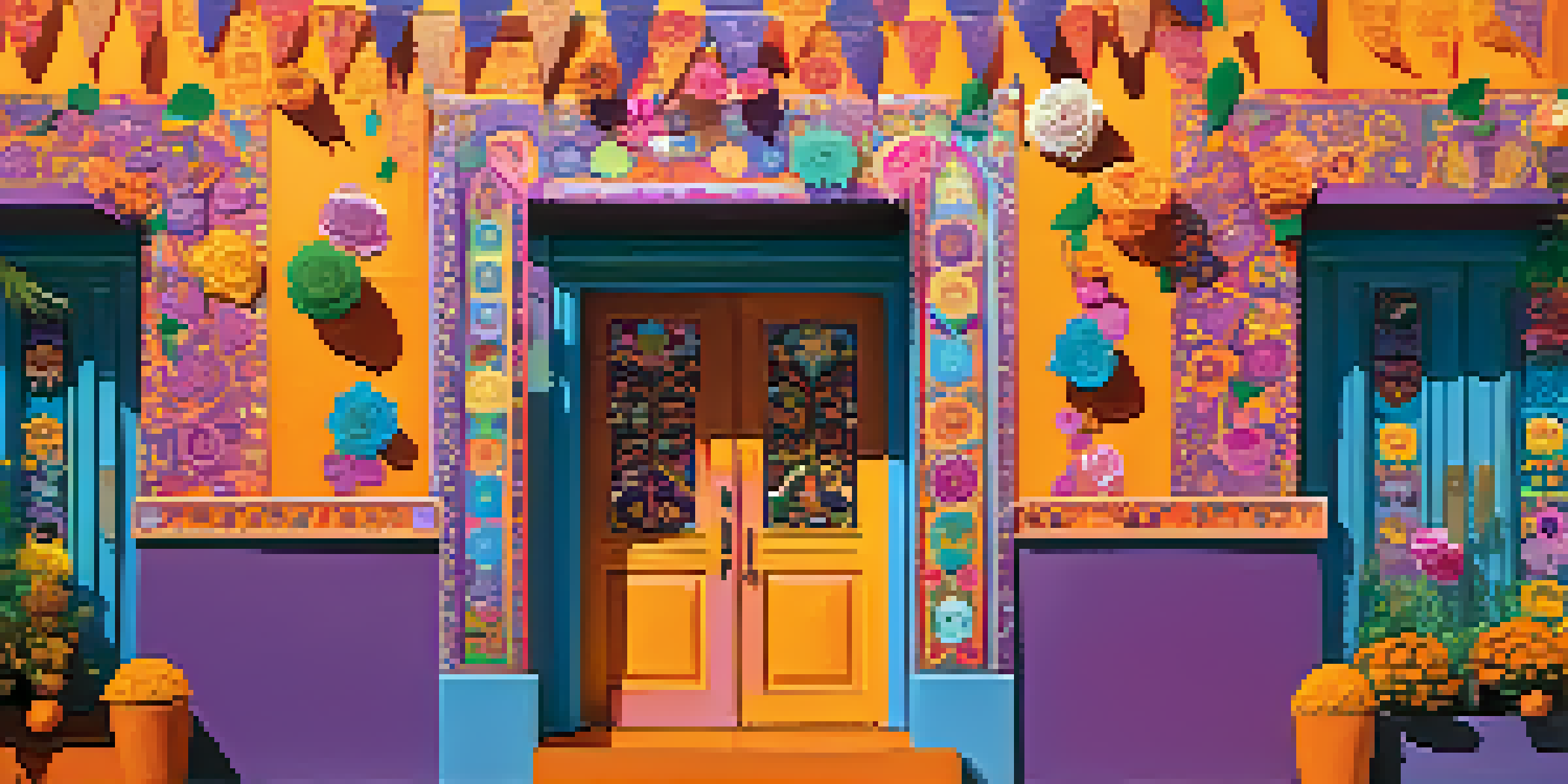 A colorful mural celebrating Día de los Muertos, showcasing sugar skulls and marigold flowers with vibrant papel picado banners.