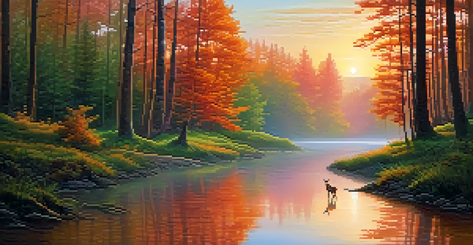 A peaceful forest at sunrise with a deer by a stream, surrounded by mist and colorful sky.