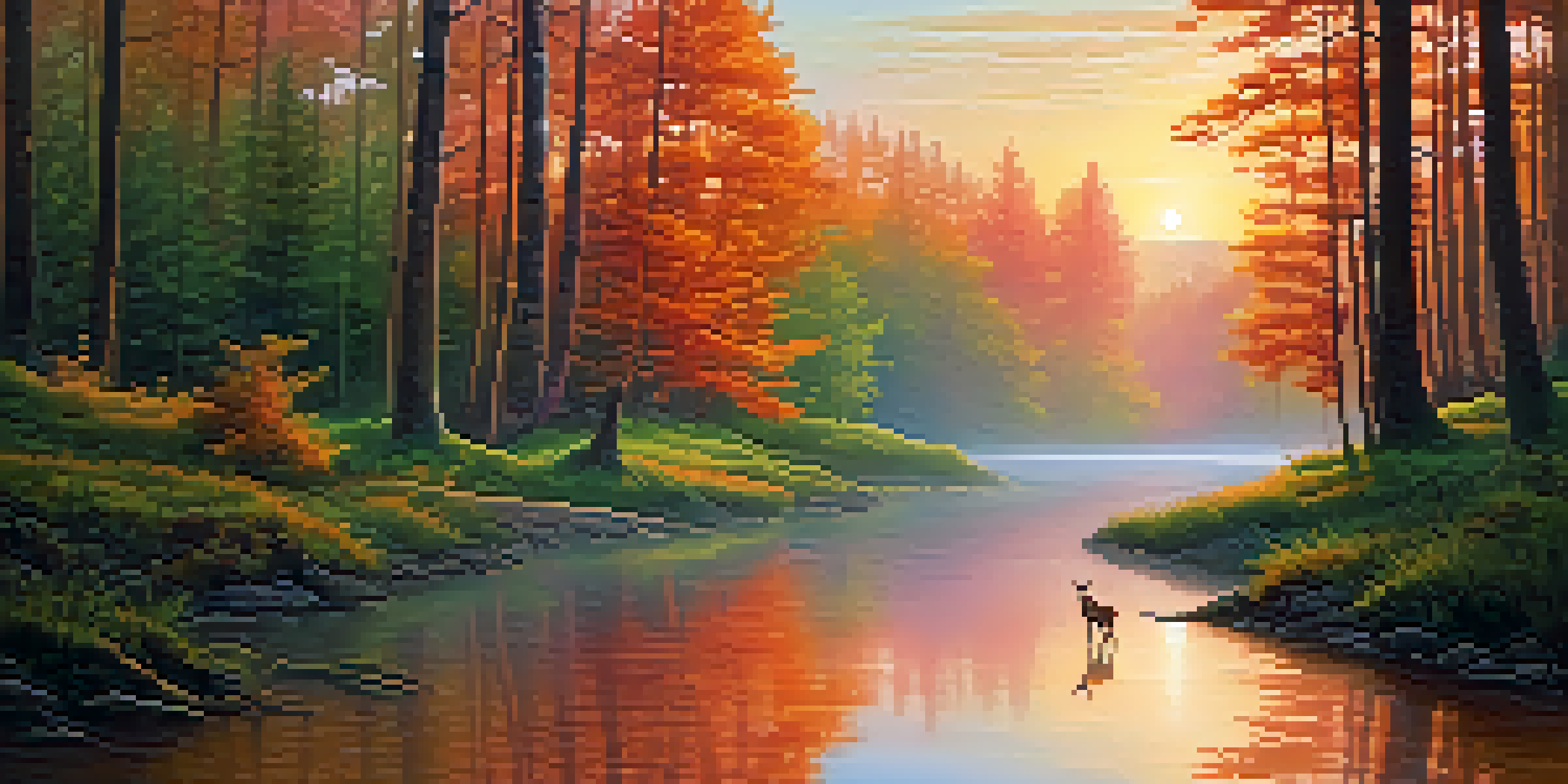 A peaceful forest at sunrise with a deer by a stream, surrounded by mist and colorful sky.