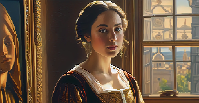 A female Renaissance artist painting a self-portrait in a sunlit studio, dressed in period clothing with a wooden easel and canvases in the background.
