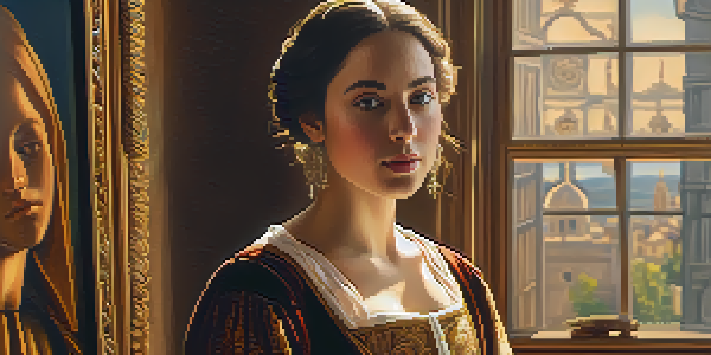 A female Renaissance artist painting a self-portrait in a sunlit studio, dressed in period clothing with a wooden easel and canvases in the background.