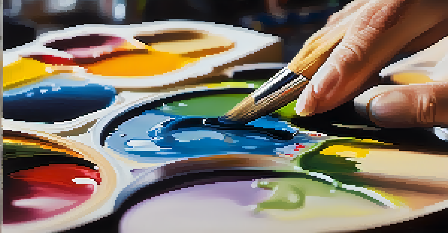 An artist's hands painting on a canvas, showcasing colorful paints on a palette.
