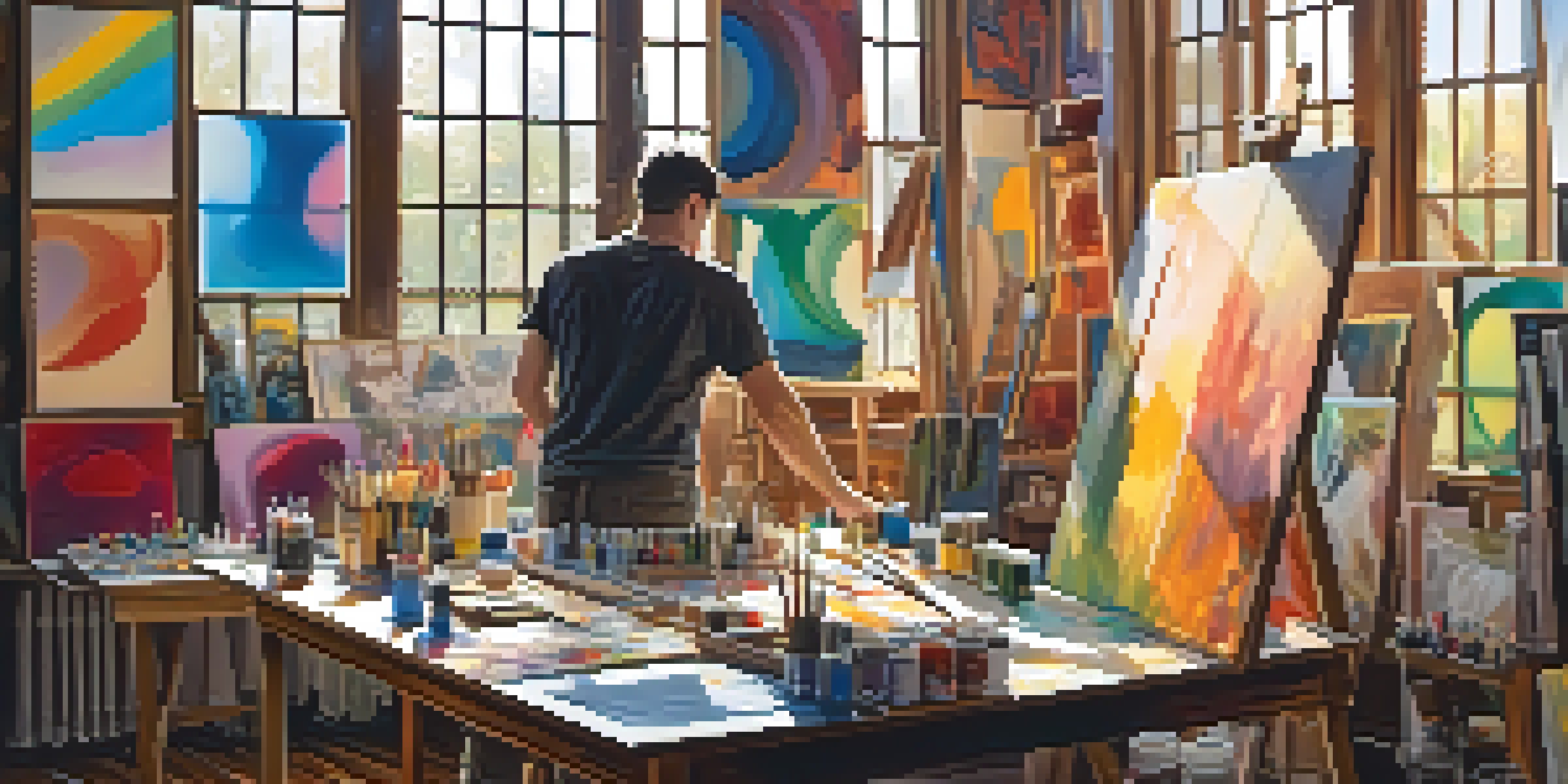 An artist is painting in a bright studio filled with colorful art supplies and sunlight.