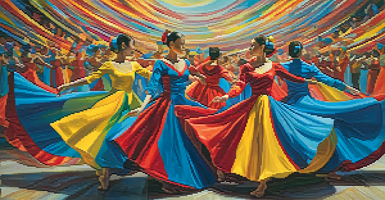 Dancers in colorful costumes performing an abstract dance on a vibrant stage, reflecting the energy of abstract paintings.
