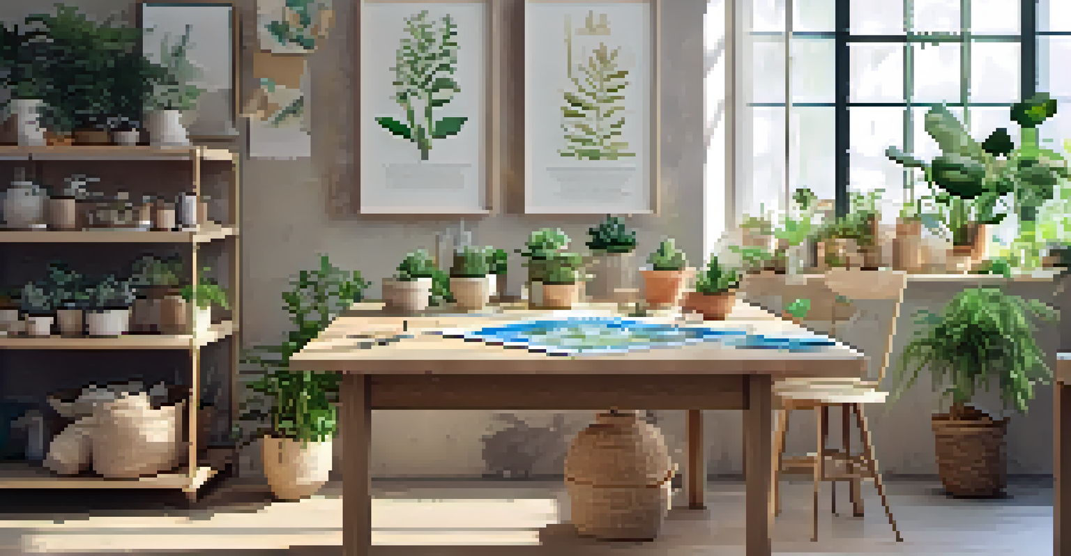 An artist's table with eco-friendly adhesives and natural materials, set in a bright and airy environment.