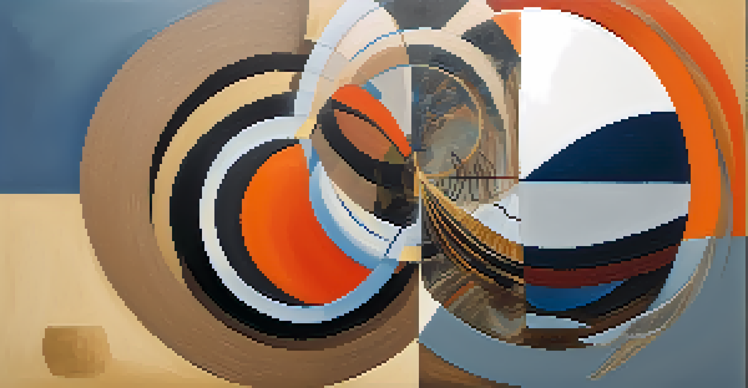 An abstract piece with a central circle surrounded by textured layers and contrasting colors, representing unity amidst chaos.