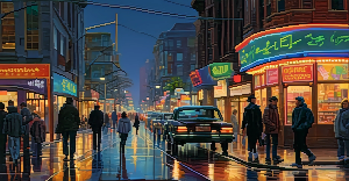 A vibrant city street at dusk, filled with people and colorful neon lights.