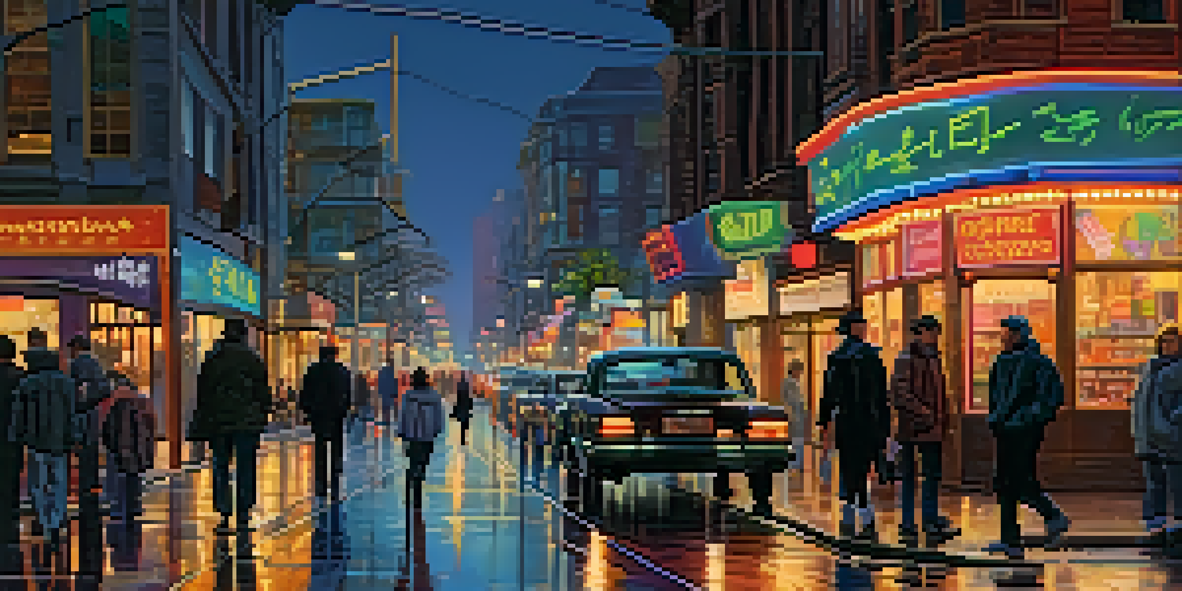 A vibrant city street at dusk, filled with people and colorful neon lights.