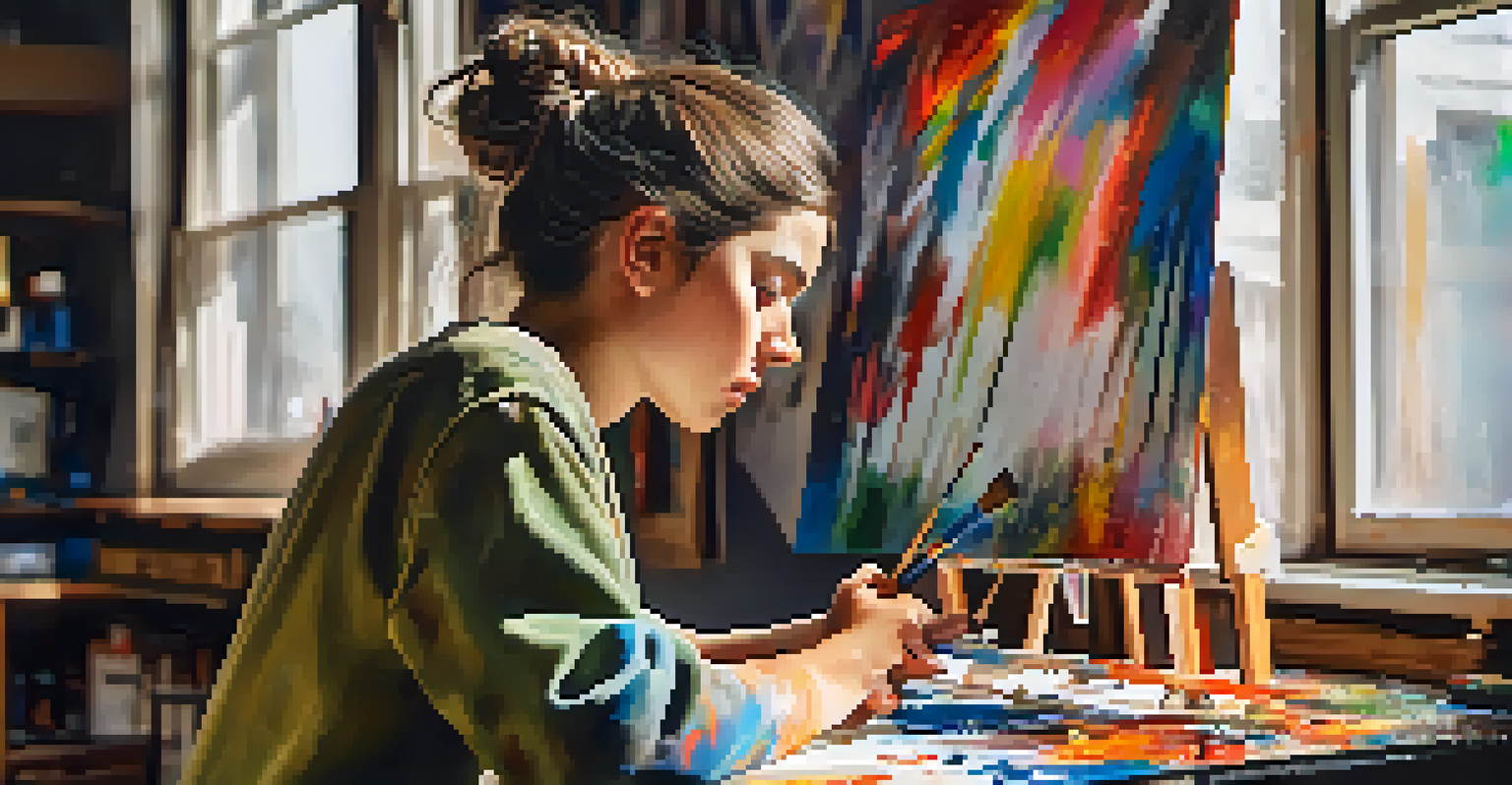 A young artist with a paintbrush in hand, surrounded by colorful art supplies in their studio.