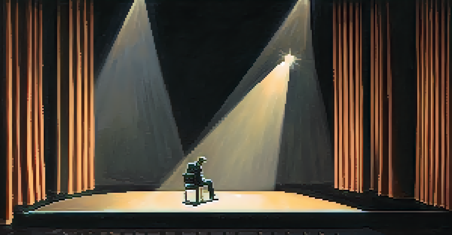 A theater scene with a spotlight on a lone actor, surrounded by shadows and soft background lighting, creating a dramatic effect.
