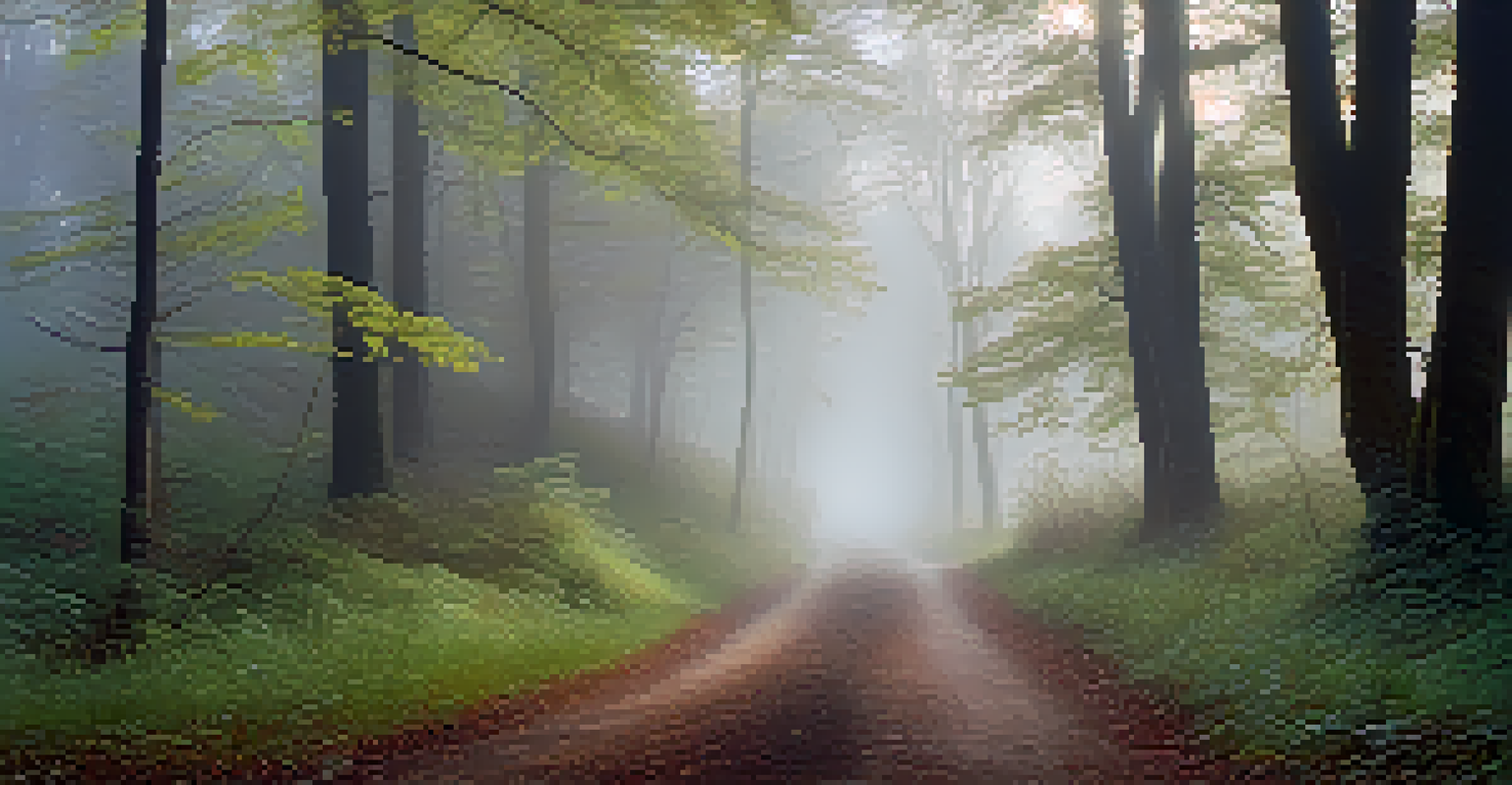 A misty forest path with tall trees, creating a serene and mysterious atmosphere.