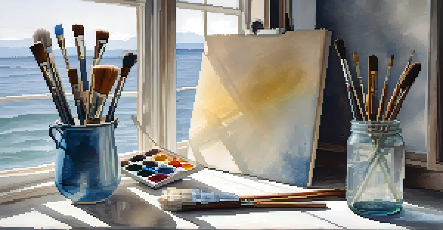 An artist's workspace with a watercolor painting in progress, brushes, and a container of water.