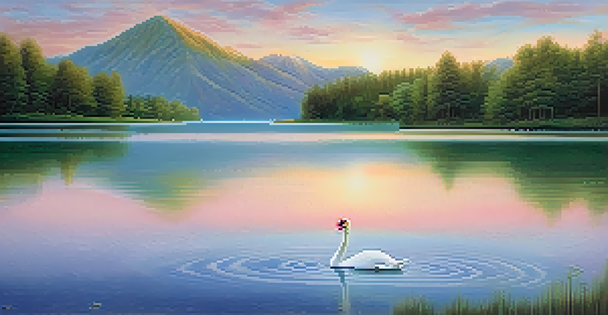 A peaceful landscape with a lake, trees, mountains, and a swan in soft dawn colors.