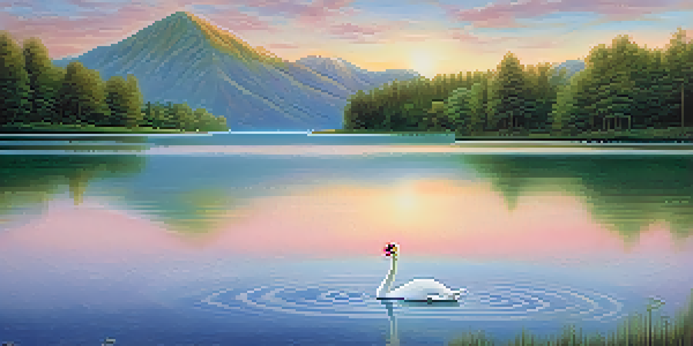 A peaceful landscape with a lake, trees, mountains, and a swan in soft dawn colors.