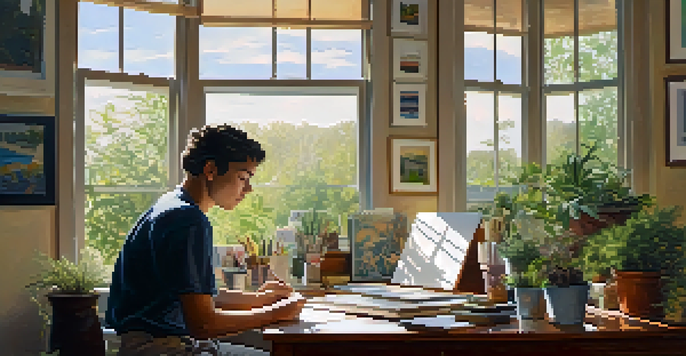 A thoughtful self-portrait of a person surrounded by plants and art supplies in a sunlit room, reflecting on their identity.