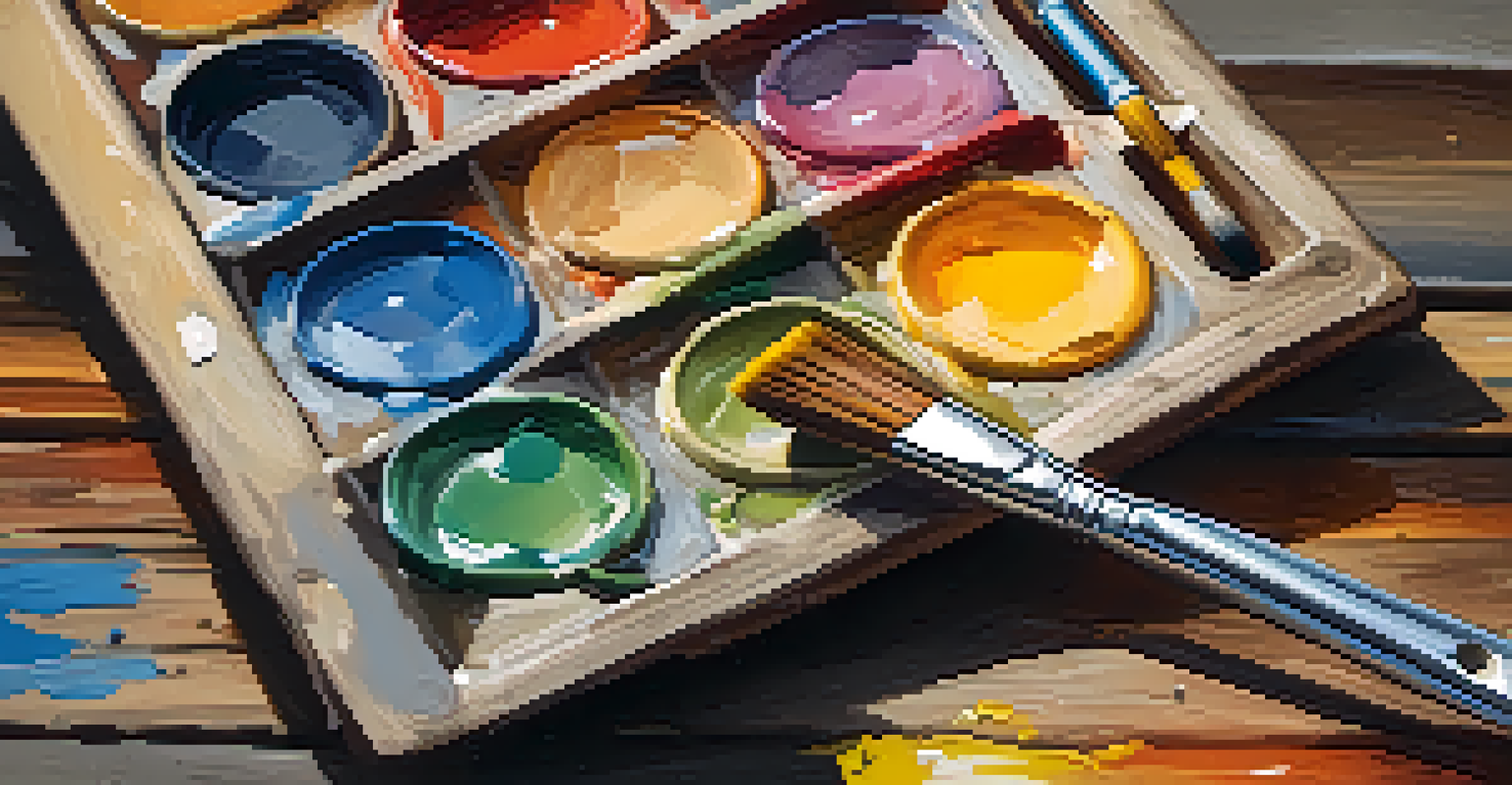 A close-up of a painter's palette with vibrant paints and brushes on a rustic table.