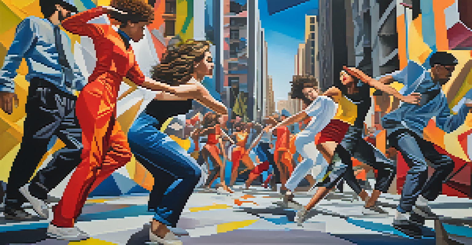 Dancers performing in an urban setting, surrounded by vibrant graffiti, illustrating the interplay between movement and street art.