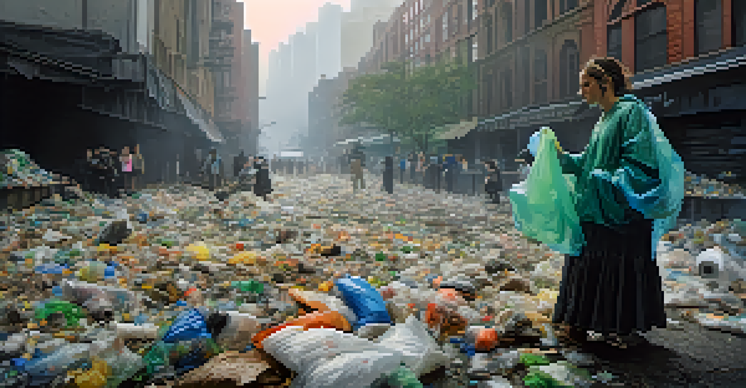 A performance artist in nature-themed attire engaging with plastic waste in a polluted cityscape, highlighting the contrast between nature and pollution.