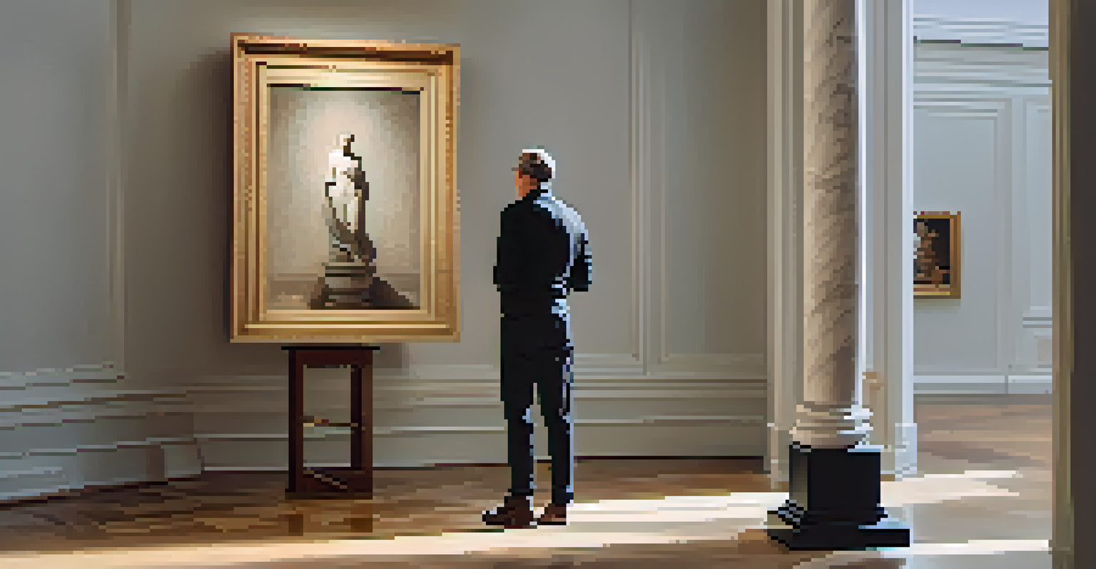 An art collector examining a polished marble sculpture in a well-lit gallery, highlighting the collector's focused expression.