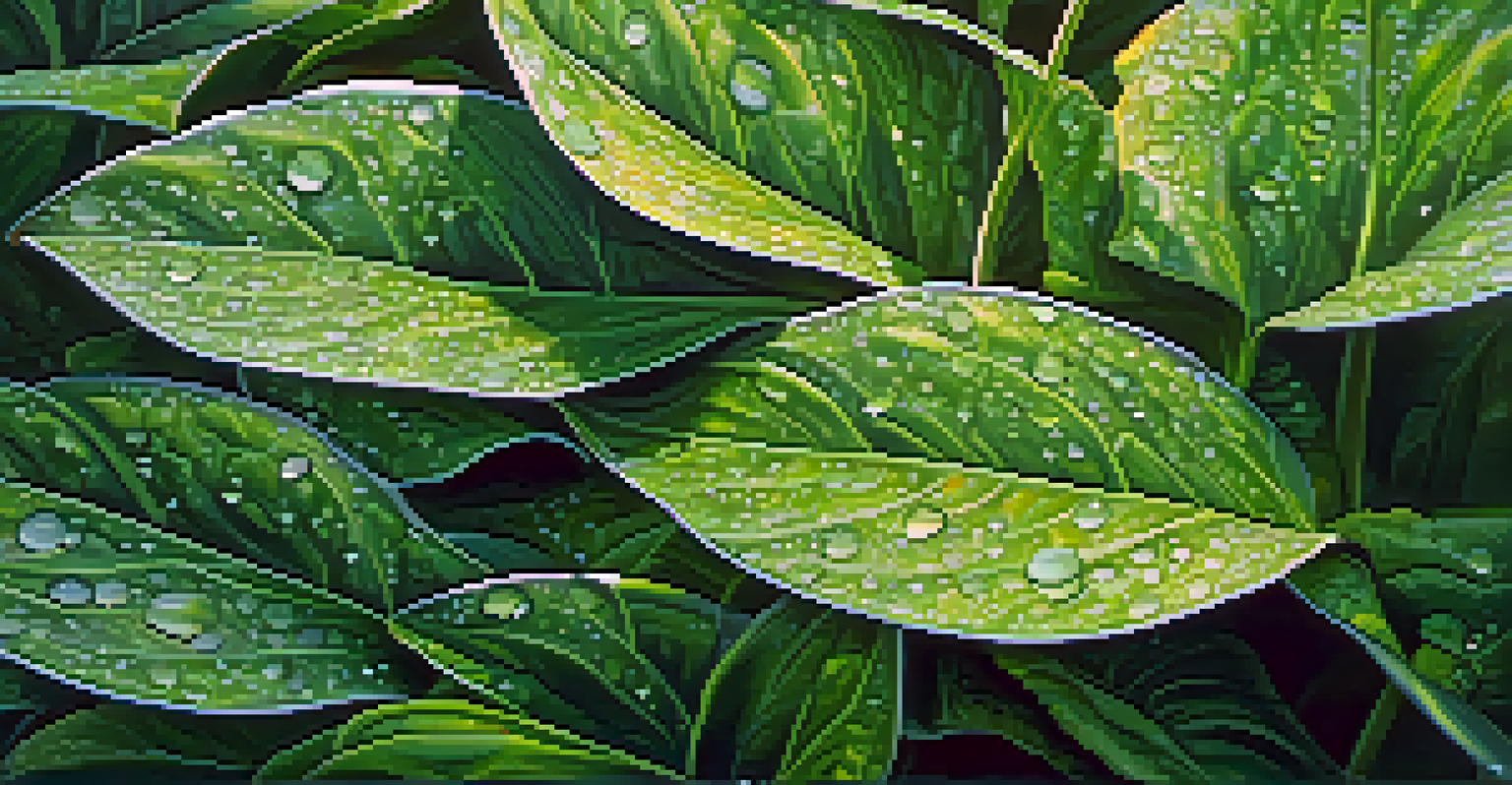 Close-up of dew on leaves in a garden, with sunlight creating highlights and soft shadows.