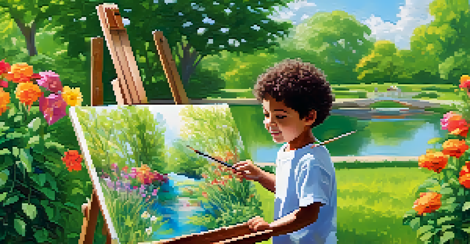A child and therapist engaged in an outdoor painting therapy session in a peaceful park, surrounded by nature.