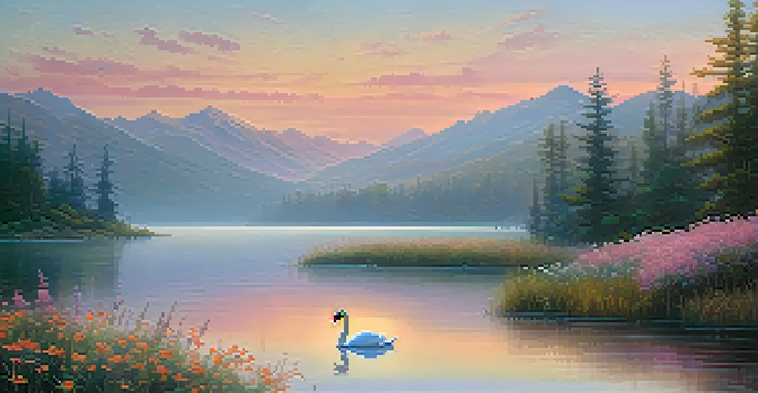 A peaceful lake at dawn with misty mountains, soft pink and orange sky, blooming wildflowers, and a swan gliding on the water.